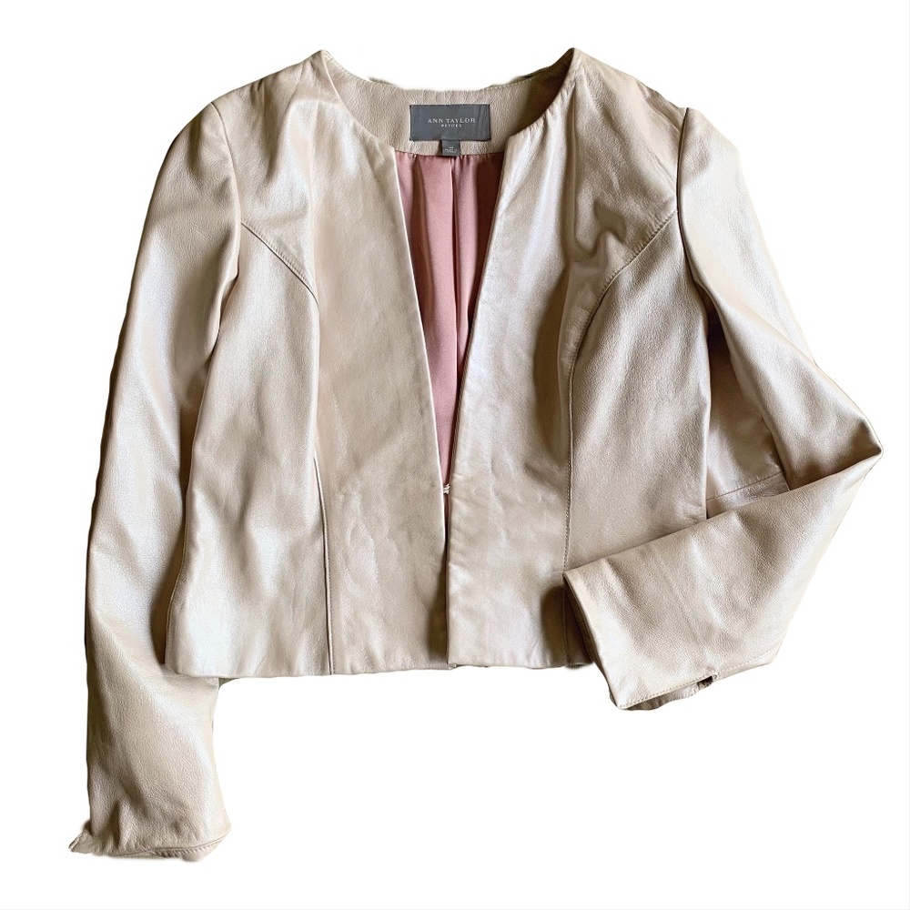 {Ann Taylor Petites} Pearl Blush Cropped Genuine Leather Jacket